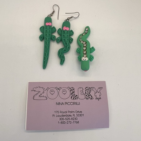 Zoolery Jewelry - Alligator Polymer Clay Dangle Earrings Brooch Set Handmade Zoolery Vintage